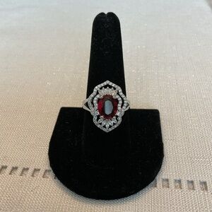 Red Glass Silver Tone Cocktail Ring